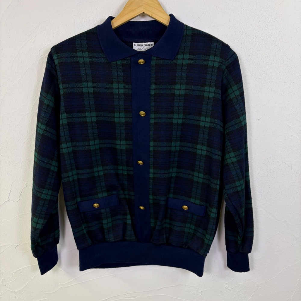 Vtg Alfred Dunner Plaid Sweater Women Small Blue Polo Gold Button Up Preppy